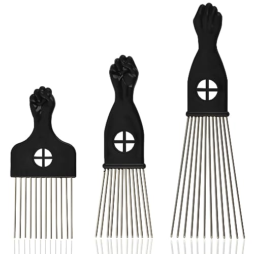 Kootinn 3-Piece Stainless Steel Afro Hair Pick Set with Fist Handle
