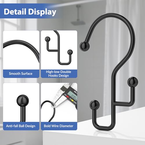 Goowin Black Double Shower Curtain Hooks - Rust-Proof Metal Rings (12 Pcs)