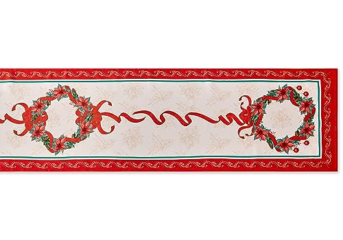 Christmas Table Runner 14 x 72 Poinsettia Ribbon Printed Fabric Holiday Decor - Variation of Christmas Time / 14" x 72"