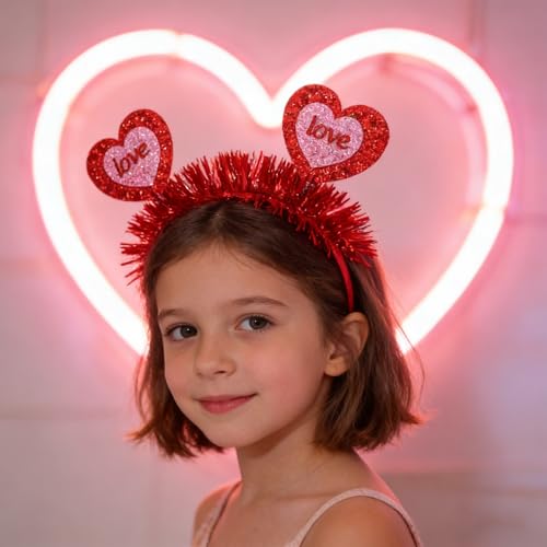 AHONEY Red Heart Headband with Glitter Tinsel for Valentine's Day