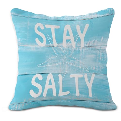 Stay Salty Coastal Throw Pillow Cover - 18x18 Inch Nautical Blue Flannel