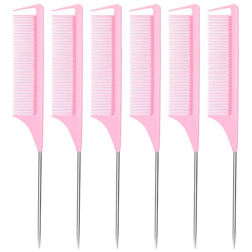 Rabetly 6-Piece Metal Carbon Rat Tail Hair Styling Combs in Pink