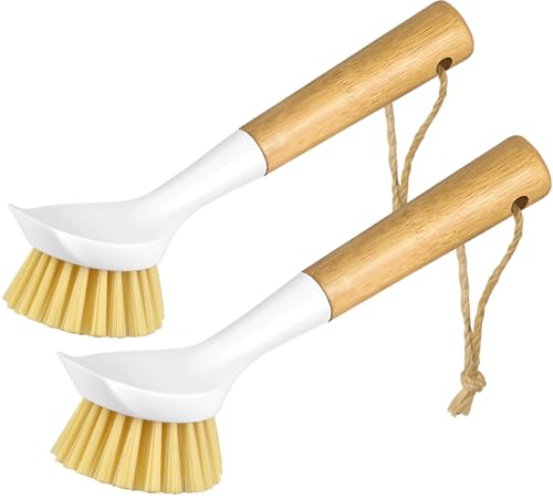 SOGCASE Bamboo Dish Brush Set with Built-in Scraper, 2 Pack