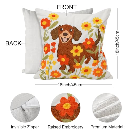 QIONG MENG Dachshund Pillow Cover 18x18 Inch Weiner Dog Embroidered Fall Decor