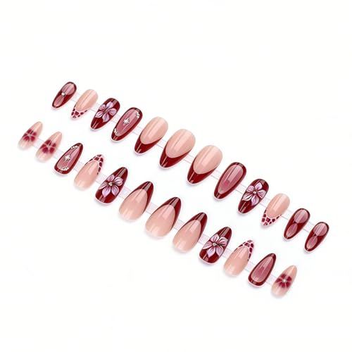 Burgundy Gradient French Tip Press on Nails with 3D Flower & Rhinestones, Almond Fake Nails