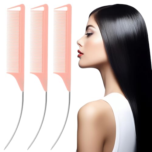Giantree 3 Pcs Curved Rat Tail Combs with Steel Pin - Pink
