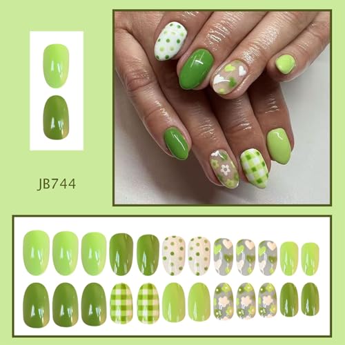 Green Floral Press on Nails Medium Almond False Nails with Polka Dot