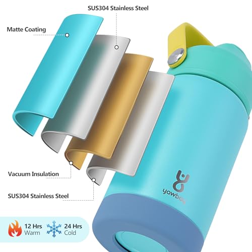 Yawbay 12 oz Stainless Steel Insulated Kids Water Bottle - Blue with Straw