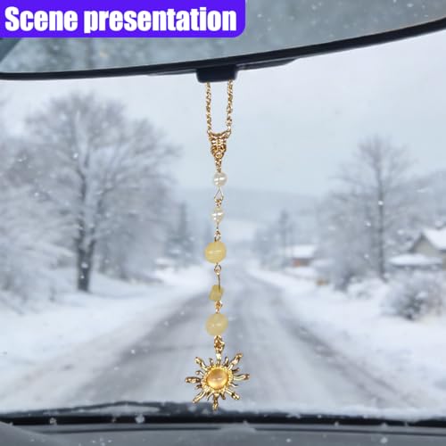Boho Natural Stone Car Mirror Charm - Sun Pendant Decoration