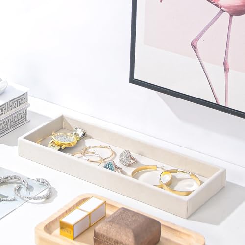 Divided Velvet Jewelry Organizer Tray - Beige Storage for Rings, Necklaces, and More