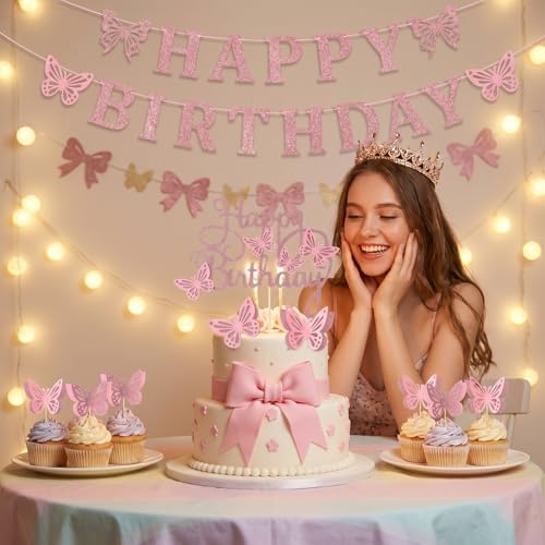3D Pink Butterfly Cake Toppers Set with Happy Birthday Sign, 26Pcs