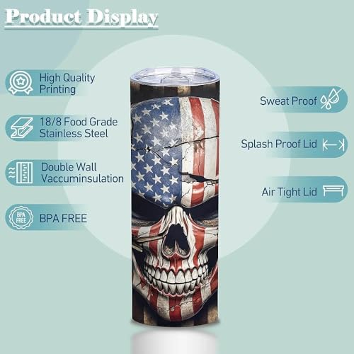 American Flag Skull 20oz Stainless Steel Tumbler with Lid - Patriotic Drinkware
