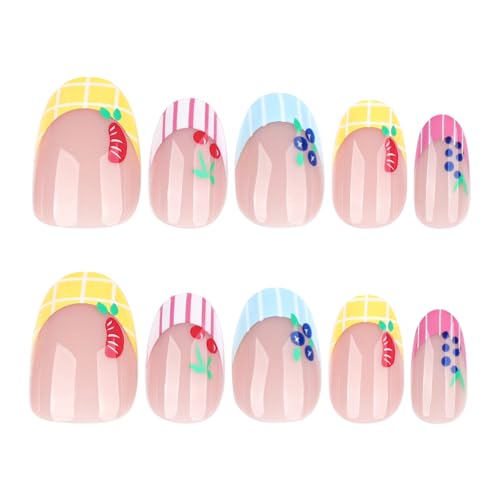 Short Almond Press on Nails with Fruit Designs French Tip Fake Nails