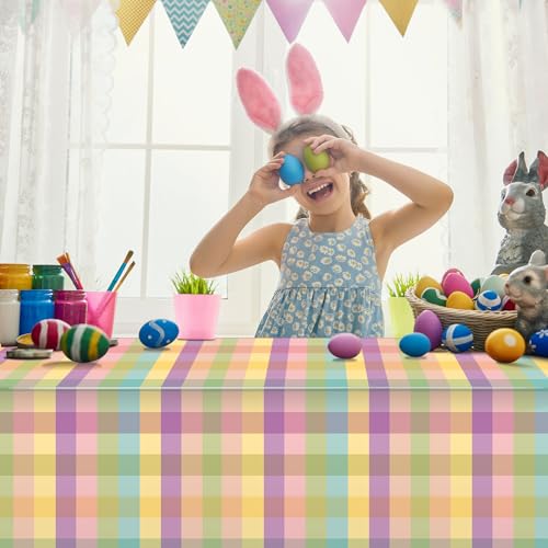 6 Pack Easter Buffalo Plaid Tablecloths - 54x108 Inches, Purple Green Yellow