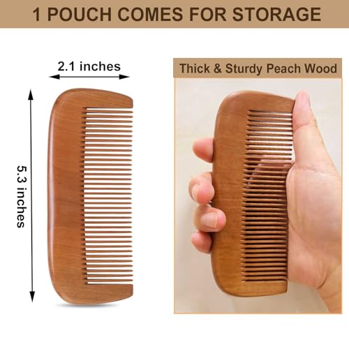Wooden Beard Comb for Men Fine Tooth Peachwood Grooming Comb with Pouch