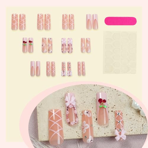 Long Coffin Press on Nails Pink French False Nails with Cherry and Bow