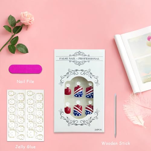 4th of July Short Square Press on Toe Nails Patriotic False Toenails