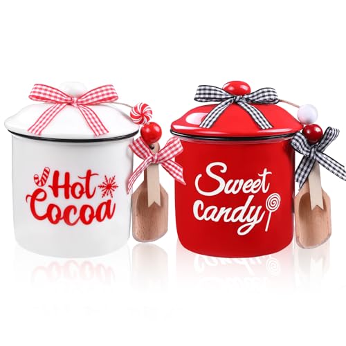 Christmas Ceramic Canisters Set - Mini Candy Holders with Wooden Beads & Ribbons - Holiday Decor