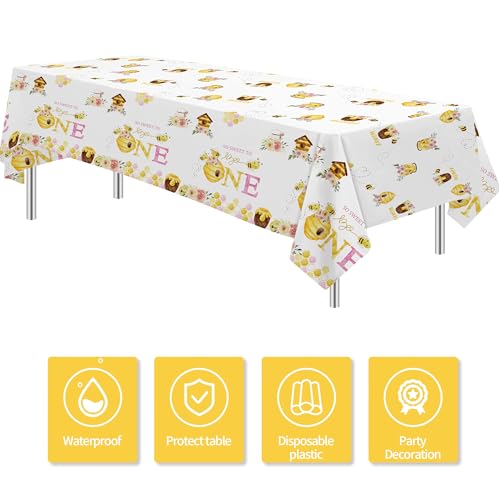 Bee 1st Birthday Party Tablecloth - Pink & Yellow Disposable Covers, 3 Pack