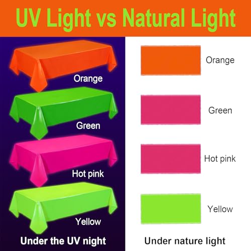 Oigco 4 Pack Neon Tablecloths - Glow in The Dark Party Supplies, 54x108 Inch