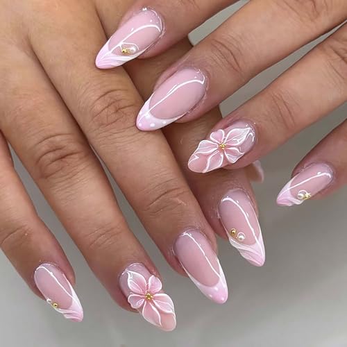 French Tip Press on Nails Medium Almond 3D Flower Pearl Glossy False Nails
