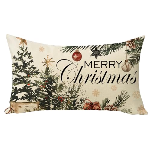 Merry Christmas Tree Lumbar Throw Pillow Cover, 12 x 20 Cotton Linen