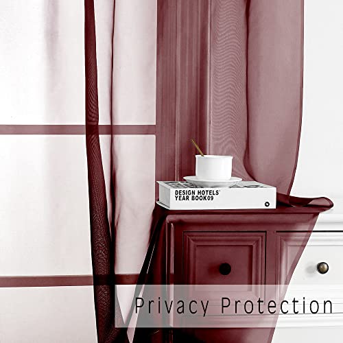 Burgundy Sheer Curtains 42W x 63L Set of 2 - Light Filtering Voile Window Treatments with Rod Pocket & Clip Rings Option (Variation of THIS listing)