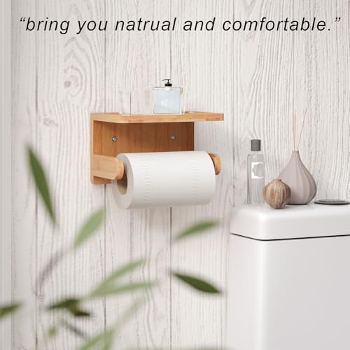 Bamboo Toilet Paper Holder with Phone Shelf - Wall Mounted Organizer