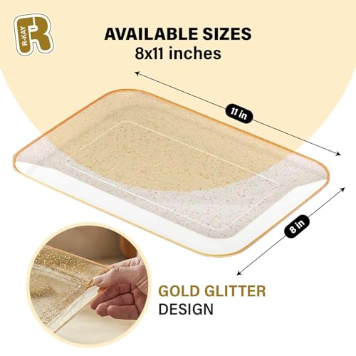 R-kay Gold Glitter Plastic Serving Trays 8x11 Inches, Pack of 3 – Heavy Duty Party Platters