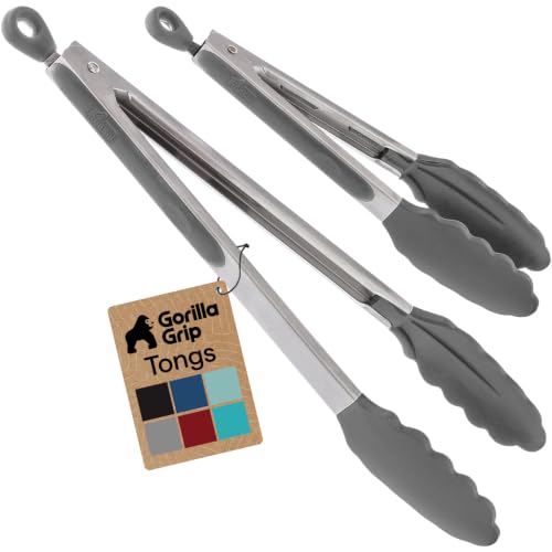 Gorilla Grip Stainless Steel Kitchen Tongs 7" & 9" Gray Set - Nonstick, Heat-Resistant, Locking Storage