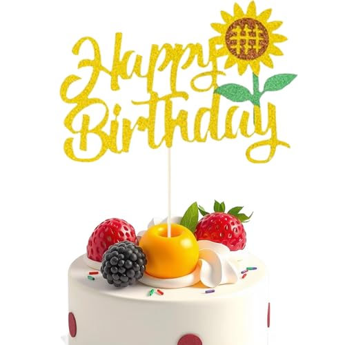 Sunflower Happy Birthday Cake Topper - Gold Glitter Decor