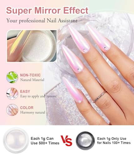 BISHENGYF White Pearl Chrome Nail Powder - Glazed Donut & Aurora Mermaid Effect