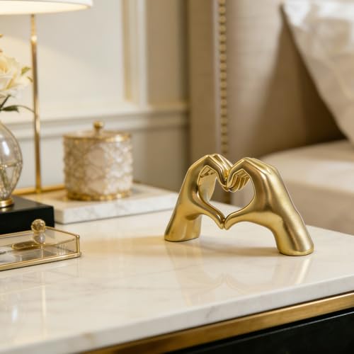 Heart Gesture Sculpture - Modern Gold Resin Hand Statue for Home Decor