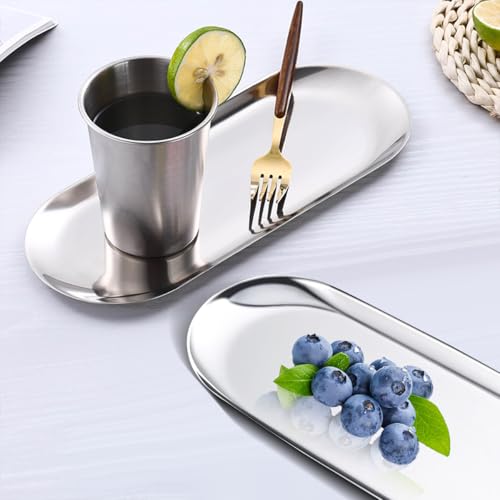Modern Silver Stainless Steel Oval Decorative Trays - 2 Pack
