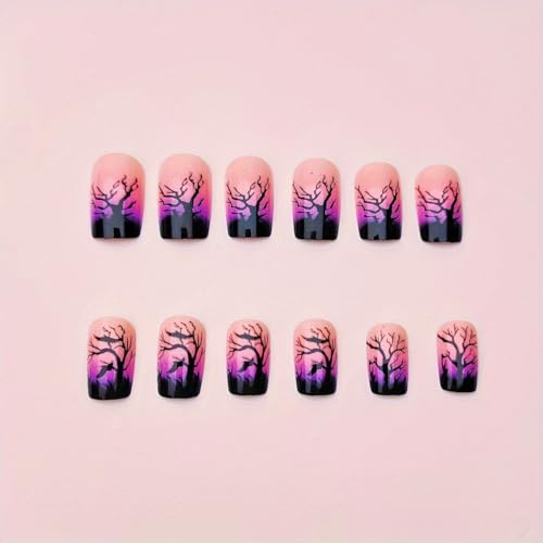Halloween Press on Nails Medium Square Fake Nails Withered Tree 24 Pcs