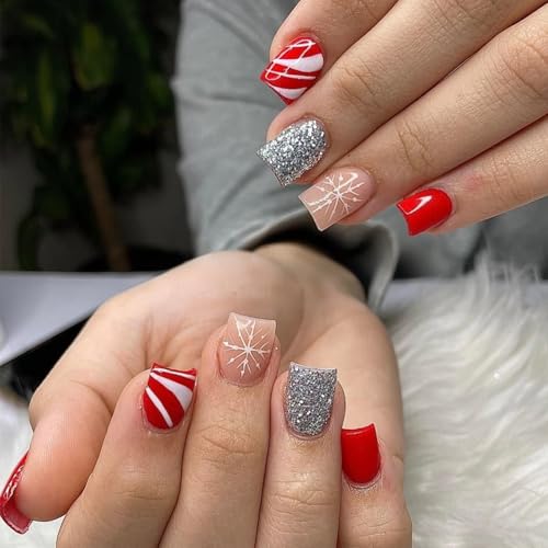 VGNRAR Christmas Press on Nails Short Square Snowflake False Nails