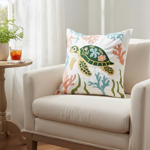Coastal Sea Turtle Embroidered Throw Pillow Cover 18x18 Inch Beach Decor