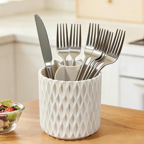 360° Rotating White Utensil Holder with 4 Slots for Countertop