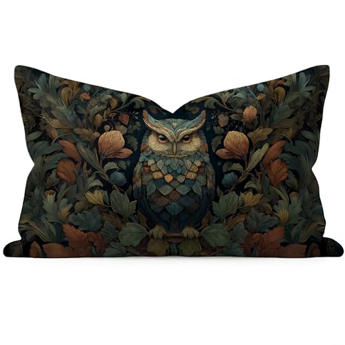 William Morris Inspired Floral Owl Pillow Cover 20x12 Inch - Pack of 1