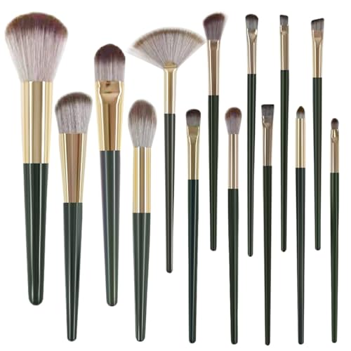14-Piece Professional Makeup Brush Set with Wooden Handles and Rayon Bristles - Green