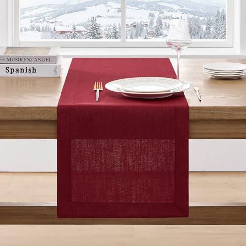 Red Linen Textured Border Table Runner 14x72 Inch for Dining & Decor - ZeeMart