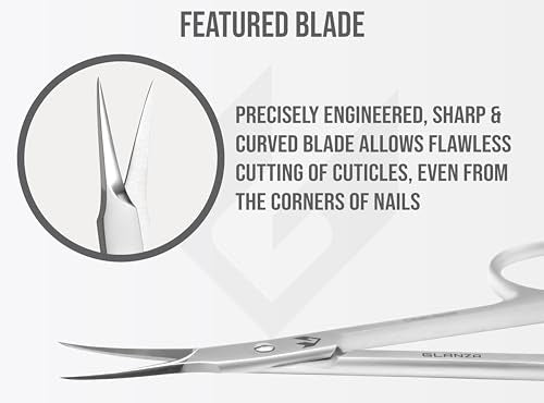 GLANZA Precision Cuticle Scissors - Extra Sharp Curved Stainless Steel Manicure Trimmer with Leather Case