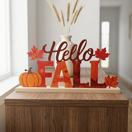 Hello Fall Metal Sign with Wooden Base - Autumn Table Decor