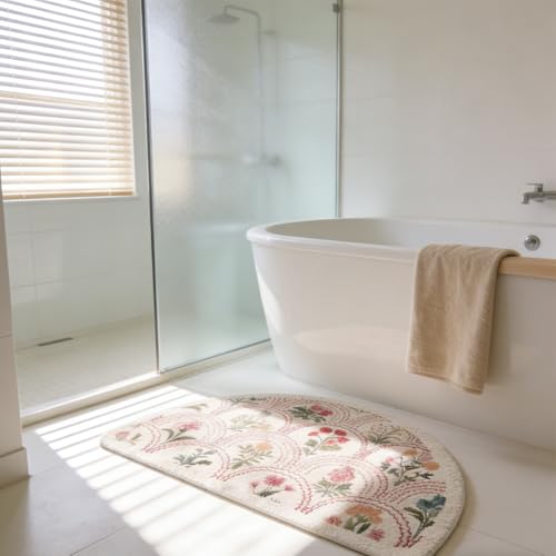 Spring Floral Bathroom Rug 32" x 20" - Soft Boho Bath Mat (Semicircular, Red)