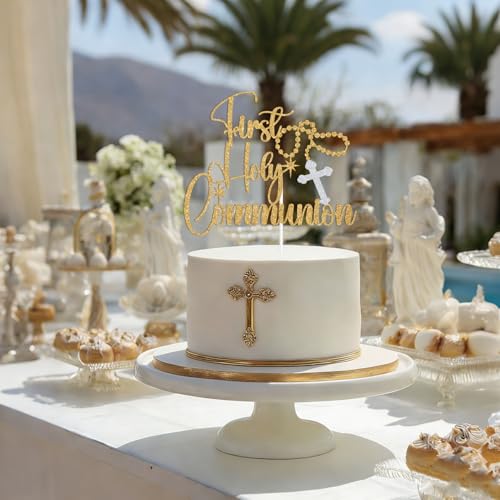 Gold Glitter First Holy Communion Cake Topper - Rosary Cross Design
