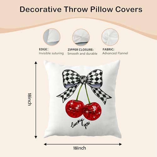 Cherry Pillow Cover 18x18 - Black & White Checkered Bow | JMICPTUB