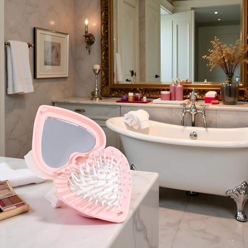 Heart Shape Folding Hair Brush with Mirror Compact Travel Pink