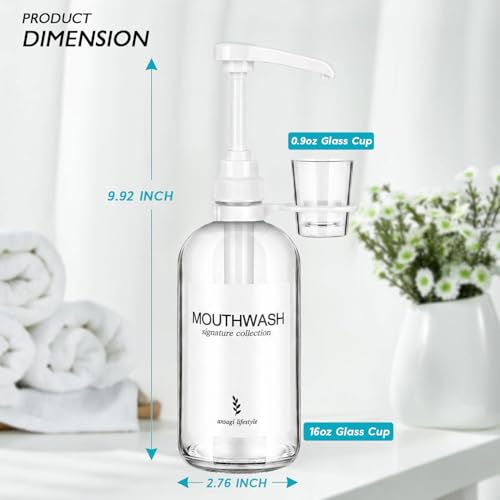 16 Oz Glass Mouthwash Dispenser with Cup Holder for Bathroom