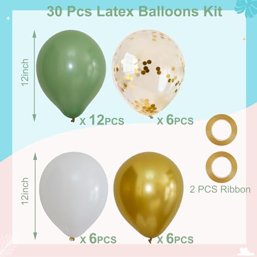 Sage Green Baby Shower Decor Set with Gold Banner & 30 Balloons