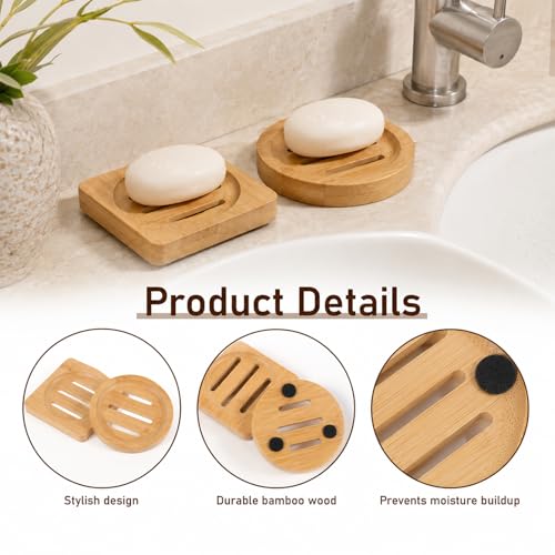 2Pcs Bamboo Soap Dish Holders - Wooden Shower Soap Trays with Drainage